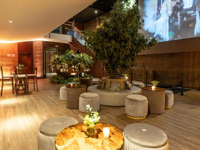 Soft ambient lighting in the yoga studio lounge